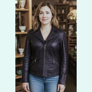 Womens Steampunk Goth Purple Petite Sz 8 Short Crinkle Leatherette Zipped Jacket